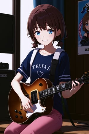 score_9, score_8_up, score_7_up, score_6_up,masterpiece,（3d_detailed) ,beautiful eyes,
Score_Anime,
 (4_fingers+1thumb on hand),beautiful_female_fingers, detailed_hands,upper_body
,
1girl, solo, shirt, holding, sitting, closed mouth, pants, indoors, headphones, one side up, instrument, music, Detailed _guitar, playing instrument, holding instrument, electric guitar, poster \(object\), pink pants, gibson les paul, gotou hitori, st ar-15 \(girls' frontline\),blush,smile
,
iseri_nina, solo,1girl, an anime girl with blue eyes and brown hair, young girl,high school girl,18 years old,petite body, skinny, round face, perfect cute face, ponytail, low_twintails, short_hair, short_twintails,blush,3d,brown_hair,blue_eyes,more detail XL