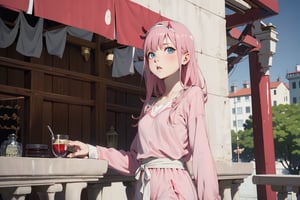 //Quality, ,score_9,score_8_up,score_7_up,score_6_up, masterpiece, best quality, detailmaster2, 8k, 8k UHD, ultra detailed, ultra-high resolution, ultra-high definition, highres, //Character, 1girl, solo,zero two,(Excellent quality,Beautiful eyes, 1.3 ),Pink pajamas, In the morning, Spacious balcony, she stood on the balcony and looked down, Look at the audience,//Fashion, Photo visio look from the bottom up.//Background, Natural light, natural shadows,Shiny hair,whole body photo //Others,