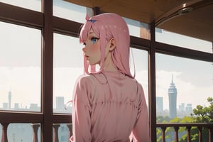 //Quality, ,score_9,score_8_up,score_7_up,score_6_up, masterpiece, best quality, detailmaster2, 8k, 8k UHD, ultra detailed, ultra-high resolution, ultra-high definition, highres, //Character, 1girl, solo,zero two,(Excellent quality,Beautiful eyes, 1.3 ),Pink pajamas, In the morning, Spacious balcony, she stood on the balcony and looked down, her back to Guangzhou..//Fashion, Photo visio look from the bottom up.//Background, Natural light, natural shadows,Shiny hair,whole body photo //Others,