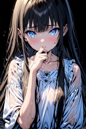 Xuenai,beautiful eyes, clear eyes, detailed eyes,1girl, solo, black hair, blue eyes, long hair,bangs, attractive blue eyes, beautiful face, highschool girl, 16years-old
 

4k, masterpiece, ultra detailed, high quality

The white clothing is soaked through, clinging to the skin and making it visible beneath

Shy, looking down,Black background, gradient background, natural light,perfect finger,hand