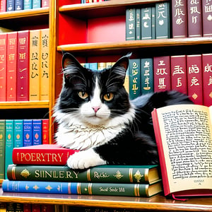 A cat lying next to a poetry collection on the bookshelf