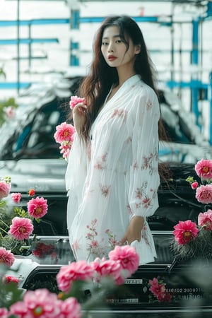 score_9, score_8_up, score_7_up, source_photo, (photography, realistic), BREAK a skinny Asian girl standing, white blouse, long brown hair, long straight hair, shy smile, black car, flowers in background, photography quality, realistic