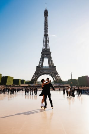 Skating couple takes center stage in a bustling stadium, the Eiffel Tower's iron latticework soaring behind them like a metallic giant. The air is electric as they execute flawless tricks, their boards gliding smoothly across the floor amidst deafening cheers and chants from the rapturous crowd.