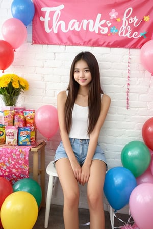 Cowboy shot front view of skinny beautiful model young Asian teenager girl, shy smile, Wall banner with text saying ("Thanks for likes":1.5) on wall.
She is asually sitting legs crossed in front view with pink birthday theme, balloons and flowers in background, snack food, very long brown Straight hair, hands and fingers at side, photography quality, realism, More Reasonable Details