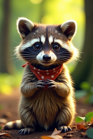 A close-up shot of a cute little raccoon, sitting upright with its paws together, big round eyes looking directly at the viewer. The raccoon has a playful expression, with a slight smile and a bandana around its neck. The background is a soft, warm forest setting with dappled sunlight filtering through the trees. The lighting is natural and bright, highlighting the raccoon's fur texture and the forest's greenery.