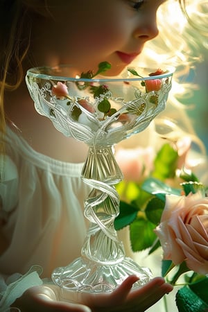 A close-up shot of an ethereal crystal goblet grown from twisted roots and vines. Below the face if a little girl in the background. The clear bowl glows with a soft, mystical light where a beautiful rose blooms. Blur background.