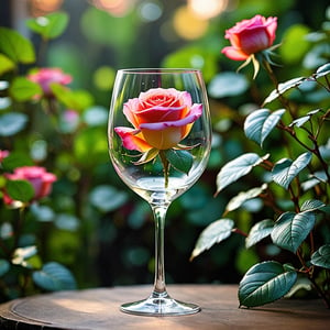 The clear wineglass glows with a soft, mystical light where a beautiful rose flower plant blooms. Blur background.,Indo,MagMix Girl