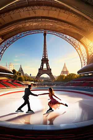 A bright and sunny day sets the tone for this thrilling scene: a skating couple takes center stage in a bustling stadium, surrounded by the iconic Eiffel Tower's intricate iron latticework towering behind them like a metallic giant. The air pulses with energy as they effortlessly execute flawless tricks on their boards, gliding smoothly across the polished floor amidst deafening cheers and chants from the rapturous crowd, their movements choreographed in perfect harmony.