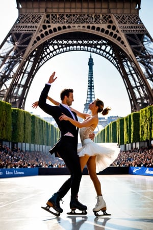 Skating couple takes center stage in a bustling stadium, the Eiffel Tower's iron latticework soaring behind them like a metallic giant. The air is electric as they execute flawless tricks, their boards gliding smoothly across the floor amidst deafening cheers and chants from the rapturous crowd.