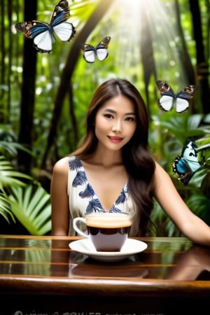 Full body shot front view of  beautiful young model Asian girl wearing summer sundress sitting on dining table in a lush tropical forest, over a cup of hot coffee, smoke, long brown straight hair, hair ribbon, butterflies, fireflies, more detail XL. Text on top saying "Thanks for likes" text,More Detail