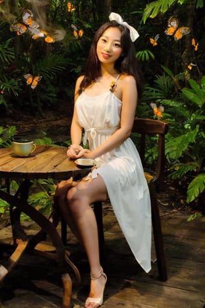 Full body shot front view of  beautiful young model Asian girl wearing summer sundress sitting on dining table in a lush tropical forest, over a cup of hot coffee, smoke, long brown straight hair, hair ribbon, butterflies, fireflies, more detail XL. Text on top saying "Thanks for likes" text,More Detail