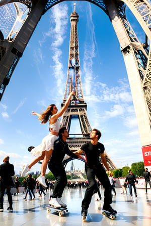 Skating couple takes center stage in a bustling stadium, the Eiffel Tower's iron latticework soaring behind them like a metallic giant. The air is electric as they execute flawless tricks, their boards gliding smoothly across the floor amidst deafening cheers and chants from the rapturous crowd.