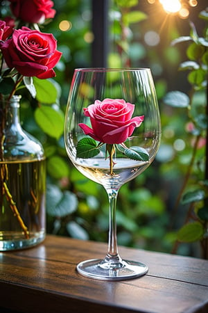 The clear wineglass glows with a soft, mystical light where a beautiful rose flower plant blooms. Blur background.,Indo,MagMix Girl