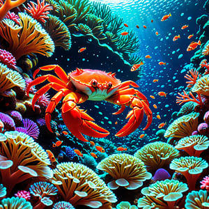 A whimsical underwater scene: A gigantic, vibrant red crab's claw reaches out to devour a schools of clownfish swimming amidst a kaleidoscope of coral formations. The crab's bright red shell glistens in the soft blue-green light filtering down from above, while the fish dart and weave around each other in a mesmerizing display of marine life.