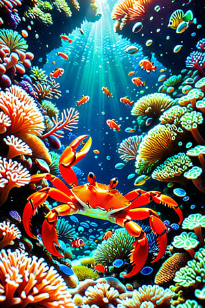 A whimsical underwater scene: A gigantic, vibrant red crab's claw reaches out to devour a schools of clownfish swimming amidst a kaleidoscope of coral formations. The crab's bright red shell glistens in the soft blue-green light filtering down from above, while the fish dart and weave around each other in a mesmerizing display of marine life.