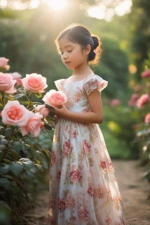 A soft-focused young girl wearing a formal floral long dress cradles a majestic rose in her hands, its delicate petals and velvety texture a gentle whisper against her fingers. The surrounding blooms fade into a dreamy blur, as if the beauty of the rose has stolen the attention from the entire flower garden. Ethereal sunlight filters through the foliage, casting an otherworldly glow on the serene scene.,Indo,MagMix Girl