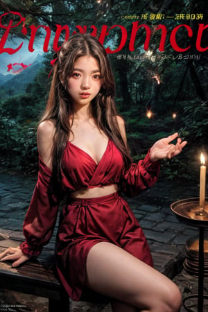 Magazine cover with text: "Thanks for likes" text,
Panoramic shot front view of  beautiful young model Asian girl sitting on dining table overlooking big mountains and a lush forest, over a cup of hot coffee, smoke, long brown straight hair, hair ribbon, butterflies, fireflies, more detail XL