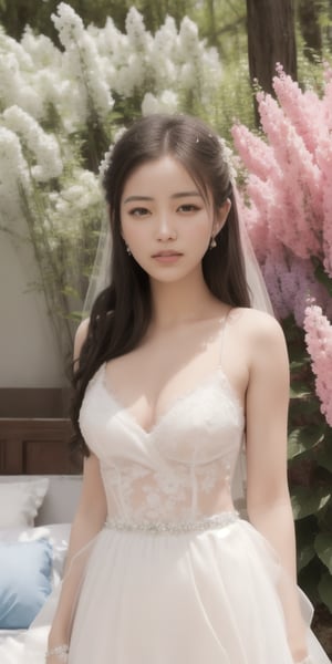 Surrealistic digital painting of a young woman with fair skin, 
White wedding dress, wedding photos,
curly fair hair, delicate facial features, enshrouded in a graceful, light pink fabric, slumbering among a plush hydrangea bed of pink and white blossoms, creating a dreamy, ethereal ambiance, palette consisting largely of pinks, whites, and lilacs, invoking a sense of serenity and tranquility, painterly strokes result in. A soft-focused portrait of a young woman with fair skin and curly brown hair with bangs, her delicate facial features illuminated by the gentle glow of a subtle pink fabric wrap. She slumbers amidst a plush hydrangea bed, where pink and white blossoms gently unfold, creating a dreamy, ethereal ambiance. Brushstrokes whisper whispers of pinks, whites, and lilacs, weaving a tapestry of serenity and tranquility. burlesque,shabby chic, fine art, epic, Boho gypsy, marquise, duchesse, dark fantasy.
White wedding dress, wedding photos,