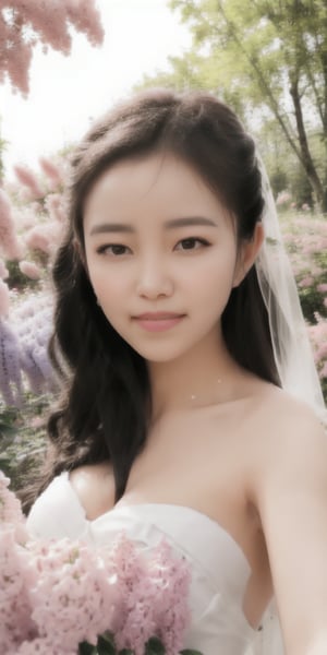 Surrealistic digital painting of a young woman with fair skin, 
White wedding dress, wedding photos,
curly fair hair, delicate facial features, enshrouded in a graceful, light pink fabric, slumbering among a plush hydrangea bed of pink and white blossoms, creating a dreamy, ethereal ambiance, palette consisting largely of pinks, whites, and lilacs, invoking a sense of serenity and tranquility, painterly strokes result in. A soft-focused portrait of a young woman with fair skin and curly brown hair with bangs, her delicate facial features illuminated by the gentle glow of a subtle pink fabric wrap. She slumbers amidst a plush hydrangea bed, where pink and white blossoms gently unfold, creating a dreamy, ethereal ambiance. Brushstrokes whisper whispers of pinks, whites, and lilacs, weaving a tapestry of serenity and tranquility. burlesque,shabby chic, fine art, epic, Boho gypsy, marquise, duchesse, dark fantasy.
White wedding dress, wedding photos,