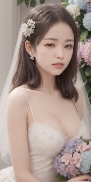 Surrealistic digital painting of a young woman with fair skin, 
White wedding dress, wedding photos,
curly fair hair, delicate facial features, enshrouded in a graceful, light pink fabric, slumbering among a plush hydrangea bed of pink and white blossoms, creating a dreamy, ethereal ambiance, palette consisting largely of pinks, whites, and lilacs, invoking a sense of serenity and tranquility, painterly strokes result in. A soft-focused portrait of a young woman with fair skin and curly brown hair with bangs, her delicate facial features illuminated by the gentle glow of a subtle pink fabric wrap. She slumbers amidst a plush hydrangea bed, where pink and white blossoms gently unfold, creating a dreamy, ethereal ambiance. Brushstrokes whisper whispers of pinks, whites, and lilacs, weaving a tapestry of serenity and tranquility. burlesque,shabby chic, fine art, epic, Boho gypsy, marquise, duchesse, dark fantasy.
White wedding dress, wedding photos,