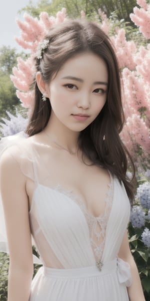 Surrealistic digital painting of a young woman with fair skin, 
White wedding dress, wedding photos,
curly fair hair, delicate facial features, enshrouded in a graceful, light pink fabric, slumbering among a plush hydrangea bed of pink and white blossoms, creating a dreamy, ethereal ambiance, palette consisting largely of pinks, whites, and lilacs, invoking a sense of serenity and tranquility, painterly strokes result in. A soft-focused portrait of a young woman with fair skin and curly brown hair with bangs, her delicate facial features illuminated by the gentle glow of a subtle pink fabric wrap. She slumbers amidst a plush hydrangea bed, where pink and white blossoms gently unfold, creating a dreamy, ethereal ambiance. Brushstrokes whisper whispers of pinks, whites, and lilacs, weaving a tapestry of serenity and tranquility. burlesque,shabby chic, fine art, epic, Boho gypsy, marquise, duchesse, dark fantasy.
White wedding dress, wedding photos,