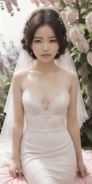 Surrealistic digital painting of a young woman with fair skin, 
White wedding dress, wedding photos,
curly fair hair, delicate facial features, enshrouded in a graceful, light pink fabric, slumbering among a plush hydrangea bed of pink and white blossoms, creating a dreamy, ethereal ambiance, palette consisting largely of pinks, whites, and lilacs, invoking a sense of serenity and tranquility, painterly strokes result in. A soft-focused portrait of a young woman with fair skin and curly brown hair with bangs, her delicate facial features illuminated by the gentle glow of a subtle pink fabric wrap. She slumbers amidst a plush hydrangea bed, where pink and white blossoms gently unfold, creating a dreamy, ethereal ambiance. Brushstrokes whisper whispers of pinks, whites, and lilacs, weaving a tapestry of serenity and tranquility. burlesque,shabby chic, fine art, epic, Boho gypsy, marquise, duchesse, dark fantasy.
White wedding dress, wedding photos,