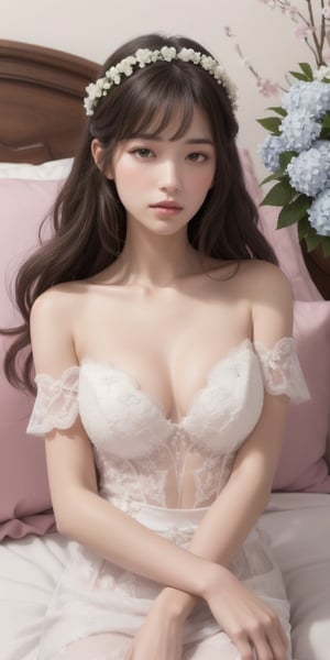 Surrealistic digital painting of a young woman with fair skin, 
White wedding dress, wedding photos,
curly fair hair, delicate facial features, enshrouded in a graceful, light pink fabric, slumbering among a plush hydrangea bed of pink and white blossoms, creating a dreamy, ethereal ambiance, palette consisting largely of pinks, whites, and lilacs, invoking a sense of serenity and tranquility, painterly strokes result in. A soft-focused portrait of a young woman with fair skin and curly brown hair with bangs, her delicate facial features illuminated by the gentle glow of a subtle pink fabric wrap. She slumbers amidst a plush hydrangea bed, where pink and white blossoms gently unfold, creating a dreamy, ethereal ambiance. Brushstrokes whisper whispers of pinks, whites, and lilacs, weaving a tapestry of serenity and tranquility. burlesque,shabby chic, fine art, epic, Boho gypsy, marquise, duchesse, dark fantasy.
White wedding dress, wedding photos,