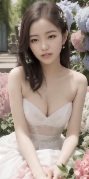 Surrealistic digital painting of a young woman with fair skin, 
White wedding dress, wedding photos,
curly fair hair, delicate facial features, enshrouded in a graceful, light pink fabric, slumbering among a plush hydrangea bed of pink and white blossoms, creating a dreamy, ethereal ambiance, palette consisting largely of pinks, whites, and lilacs, invoking a sense of serenity and tranquility, painterly strokes result in. A soft-focused portrait of a young woman with fair skin and curly brown hair with bangs, her delicate facial features illuminated by the gentle glow of a subtle pink fabric wrap. She slumbers amidst a plush hydrangea bed, where pink and white blossoms gently unfold, creating a dreamy, ethereal ambiance. Brushstrokes whisper whispers of pinks, whites, and lilacs, weaving a tapestry of serenity and tranquility. burlesque,shabby chic, fine art, epic, Boho gypsy, marquise, duchesse, dark fantasy.
White wedding dress, wedding photos,