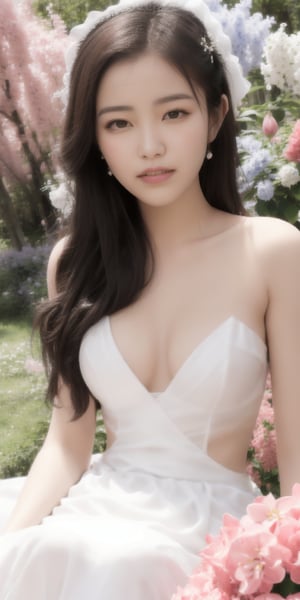 Surrealistic digital painting of a young woman with fair skin, 
White wedding dress, wedding photos,
curly fair hair, delicate facial features, enshrouded in a graceful, light pink fabric, slumbering among a plush hydrangea bed of pink and white blossoms, creating a dreamy, ethereal ambiance, palette consisting largely of pinks, whites, and lilacs, invoking a sense of serenity and tranquility, painterly strokes result in. A soft-focused portrait of a young woman with fair skin and curly brown hair with bangs, her delicate facial features illuminated by the gentle glow of a subtle pink fabric wrap. She slumbers amidst a plush hydrangea bed, where pink and white blossoms gently unfold, creating a dreamy, ethereal ambiance. Brushstrokes whisper whispers of pinks, whites, and lilacs, weaving a tapestry of serenity and tranquility. burlesque,shabby chic, fine art, epic, Boho gypsy, marquise, duchesse, dark fantasy.
White wedding dress, wedding photos,