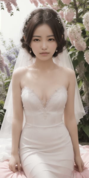 Surrealistic digital painting of a young woman with fair skin, 
White wedding dress, wedding photos,
curly fair hair, delicate facial features, enshrouded in a graceful, light pink fabric, slumbering among a plush hydrangea bed of pink and white blossoms, creating a dreamy, ethereal ambiance, palette consisting largely of pinks, whites, and lilacs, invoking a sense of serenity and tranquility, painterly strokes result in. A soft-focused portrait of a young woman with fair skin and curly brown hair with bangs, her delicate facial features illuminated by the gentle glow of a subtle pink fabric wrap. She slumbers amidst a plush hydrangea bed, where pink and white blossoms gently unfold, creating a dreamy, ethereal ambiance. Brushstrokes whisper whispers of pinks, whites, and lilacs, weaving a tapestry of serenity and tranquility. burlesque,shabby chic, fine art, epic, Boho gypsy, marquise, duchesse, dark fantasy.
White wedding dress, wedding photos,