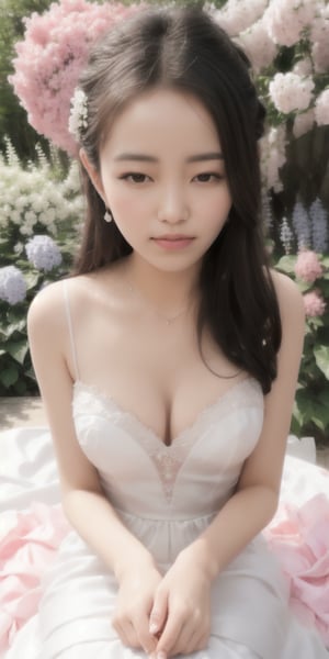 Surrealistic digital painting of a young woman with fair skin, 
White wedding dress, wedding photos,
curly fair hair, delicate facial features, enshrouded in a graceful, light pink fabric, slumbering among a plush hydrangea bed of pink and white blossoms, creating a dreamy, ethereal ambiance, palette consisting largely of pinks, whites, and lilacs, invoking a sense of serenity and tranquility, painterly strokes result in. A soft-focused portrait of a young woman with fair skin and curly brown hair with bangs, her delicate facial features illuminated by the gentle glow of a subtle pink fabric wrap. She slumbers amidst a plush hydrangea bed, where pink and white blossoms gently unfold, creating a dreamy, ethereal ambiance. Brushstrokes whisper whispers of pinks, whites, and lilacs, weaving a tapestry of serenity and tranquility. burlesque,shabby chic, fine art, epic, Boho gypsy, marquise, duchesse, dark fantasy.
White wedding dress, wedding photos,