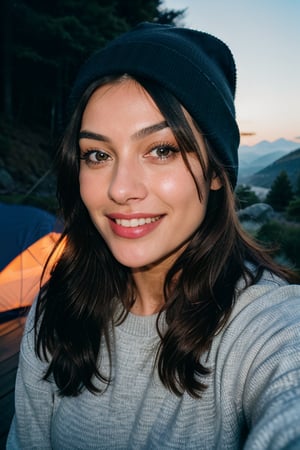 photorealistic, best quality, hyper detailed, beautiful woman, big smile, selfie photo, upper body, solo, wearing pullover, outdoors, (night), mountains, real life nature, stars, moon, (cheerful, happy), sleeping bag, gloves, sweater, beanie, flashlight, forest, rocks, river, wood, smoke, fog, clear sky, analog style, looking at viewer, skin texture, film grain, close up, ultra high res, best shadow, RAW, instagram LUT,drow,FFIXBG,day