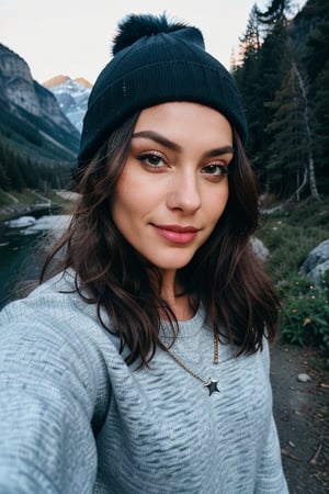 photorealistic, best quality, hyper detailed, beautiful woman, big smile, selfie photo, upper body, solo, wearing pullover, outdoors, (night), mountains, real life nature, stars, moon, (cheerful, happy), sleeping bag, gloves, sweater, beanie, flashlight, forest, rocks, river, wood, smoke, fog, clear sky, analog style, looking at viewer, skin texture, film grain, close up, ultra high res, best shadow, RAW, instagram LUT,drow,FFIXBG,day