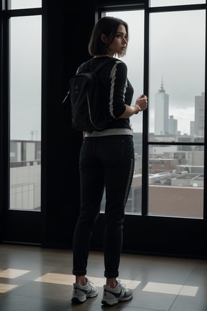 1 girl, standing, full body, facing viewer, looking at viewer, sneakers, (beautiful finely detailed eyes and detailed face), award winning cinematography, best quality, masterpiece, cinematic, ultra high resolution, grainy tri-x pushed to 3200, shot with leica sl2, messy hair, still image of a grumpy and aggressive look, shattered, dark and moody, in pentax 67, edgar maxence, RAW photo, completely sharp and detailed face (highly detailed skin: 1.2), 8k uhd, dslr, soft lighting, high quality, film grain, Fujifilm XT3 realistic, raw, analog, woman, photorealistic, Cinematic realism , Photo shoot, Shooting with 25 mm lens, Depth of field, Tilt blur, Shutter speed 1/1000, F/ 22, White balance, 32k, Super resolution, Pro Photo RGB, Medium back lighting, Backlight , Dramatic lighting, Incandescent, Soft lighting, Volumetric, Conte - Jour, Global illumination, Screen space global illumination, Dispersion, Shadows, Rough, Bright, lumen reflections, screen space reflections, diffraction rating, aberration Chromatic, GB Shift, Scan Lines, Ambient Occlusion, Cell Shading, Tone Mapping, Incredibly Detailed and Intricate, Hyper Maxalistic, Elegant, Dynamic Pose, Photography, Volumetric, Ultra Detailed, Intricate Details, Super Detailed, Ambient, Sticky Situation