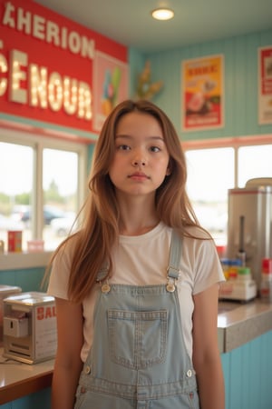 Portrait MagMix Girl look at camera, long hair, Overalls, Retro ice cream parlor with pastel-colored walls, a classic soda fountain counter, and vintage ice cream posters, bathed in warm sunlight, analog film photo, Kodachrome.