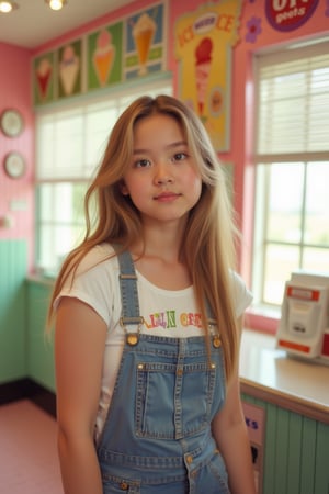 Portrait MagMix Girl look at camera, long hair, Overalls, Retro ice cream parlor with pastel-colored walls, a classic soda fountain counter, and vintage ice cream posters, bathed in warm sunlight, analog film photo, Kodachrome.