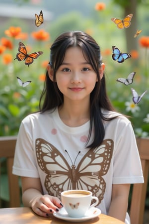 17 year old Korean woman with long black hair tied back is sitting at a table in an open room with a cup of hot coffee, the texture of the coffee looks authentic, the background is a flower garden, several butterflies fluttering above the flowers, wearing a long white t-shirt with a butterfly motif -beautiful butterflies, original photos, studio