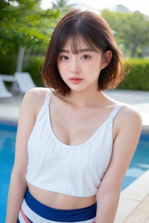 1girl, solo, breasts, looking at viewer, short hair, large breasts, brown hair, black hair, navel, cleavage, bare shoulders, brown eyes, medium breasts, collarbone, swimsuit, outdoors, day, water, blurry, lips, wet, one-piece swimsuit, clothing cutout, blurry background, v arms, blue one-piece swimsuit, realistic, pool, navel cutout, poolside,Looking at viewer,Cleavage,Upper body, shorts,skirt, bra,Thong,Blush,Ripped abs, slim waist,Poppy bodysuit, croptop, bodysuit, bikini,Underwear