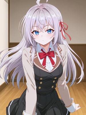 skirt, red ribbon, grey hair, ahoge, hair ribbon, blue eyes, bangs, long hair, alisa mikhailovna kujou, <lora:alisa-mikhailovna-kujou-alpha-pony, 5 fingers, beautiful hands, detailed hands, perfect hands, beautiful_female_fingers