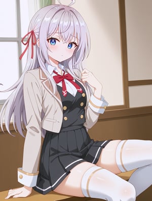 skirt, red ribbon, grey hair, ahoge, hair ribbon, blue eyes, bangs, long hair, blush, white thigh highs, alisa mikhailovna kujou, <lora:alisa-mikhailovna-kujou-alpha-pony, 5 fingers, beautiful hands, detailed hands, perfect hands, beautiful_female_fingers, downblouse, bed, stepping on face, 1boy, getting stepped on, feet on face