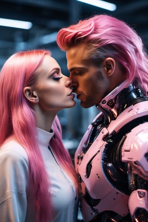 photography, a scientist is kissing a woman_cyborg in a workshop, long pink hair, young, intricate, sharp focus, professional, unreal engine, extremely detailed, cinematic lighting, aesthetics, detailed face