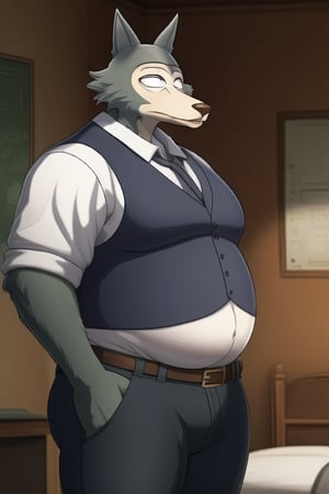 male, anthro_wolf, solo, legoshi_(beastars), morbidly obese, four hundred lbs, outgrown clothes, chunky, fat, gained weight, fat pectorals, thick legs, round belly, belly overhang, growing belly,tight clothing, belly bulging out, pants, tight pants, belt, fat love handles, moobs straining shirt, dorm room, blue vest, school uniform, khakis, clearly defined eyes, high quality, fat thick arms, buttons straining, horizontal crease lines between pectorals, plump ass, Standing, Arms at sides, high quality, small black pupils no eyelids, staring at camera.