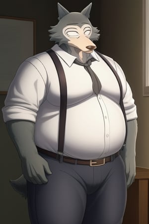 male, anthro_wolf, solo, legoshi_(beastars), morbidly obese, four hundred lbs, outgrown clothes, chunky, fat, gained weight, fat pectorals, thick legs, round belly, belly overhang, growing belly,tight clothing, belly bulging out, pants, tight pants, belt, fat love handles, moobs straining shirt, dorm room, white shirt, button up shirt, suspenders khakis, clearly defined eyes, high quality, fat thick arms, buttons straining, horizontal crease lines between pectorals, plump ass, Standing, Arms at sides, high quality, small black pupils no eyelids, staring at camera.