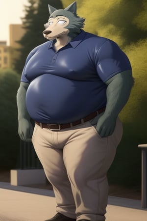 male, anthro_wolf, solo, legoshi_(beastars), obese, three hundred lbs, chunky, fat, gained weight, fat pectorals, thick legs, round belly, belly overhang, growing belly, belly bulging out, pants, tight pants, belt, fat love handles, moobs, shiny latex shirt, tight shirt, black shirt, rubber, elastic shirt, horizontal creases between pectorals, shirt tucked into pants, outside, college campus, khakis, clearly defined eyes, high quality, fat thick arms, horizontal crease lines between pectorals, plump ass, Standing, Arms at sides, high quality, realistic proportions, double chin, fat face, fat cheeks, nipples, fat
rolls.