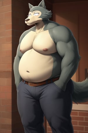 male, anthro_wolf, solo, legoshi_(beastars), morbidly obese, four hundred lbs, outgrown clothes, chunky, fat, gained weight, fat pectorals, thick legs, round belly, belly overhang, growing belly, belly bulging out, pants, tight pants, belt, fat love handles, moobs, shirtless, outside, college campus, khakis, clearly defined eyes, high quality, fat thick arms, horizontal crease lines between pectorals, plump ass, Standing, Arms at sides, high quality, realistic proportions, double chin, fat face, fat cheeks, nipples, belly
rolls.