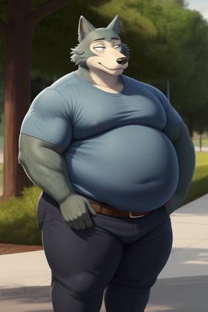 male, anthro_wolf, solo, legoshi_(beastars), morbidly obese, four hundred lbs, outgrown clothes, chunky, fat, gained weight, fat pectorals, thick legs, round belly, belly overhang, growing belly,tight clothing, belly bulging out, pants, tight pants, belt, fat love handles, moobs straining shirt, outside, college campus, tight shirt, blue shirt, elastic shirt, shirt tucked under pants,khakis, clearly defined eyes, high quality, fat thick arms, horizontal crease lines between pectorals, plump ass, Standing, Arms at sides, high quality, small black pupils no eyelids, staring at camera, realistic proportions, double chin, fat face, fat cheeks.