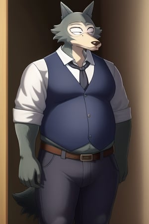 male, anthro_wolf, solo, legoshi_(beastars), overweight chunky, fat, gained weight, fat pectorals, thick legs, round belly, belly overhang, growing belly,tight clothing, belly bulging out, pants, tight pants, belt, fat love handles, moobs straining shirt, dorm room, blue vest, school uniform, khakis, clearly defined eyes, high quality, fat thick arms, buttons straining, horizontal crease lines between pectorals, plump ass, Standing, Arms at sides, high quality, small black pupils no eyelids, staring at camera.