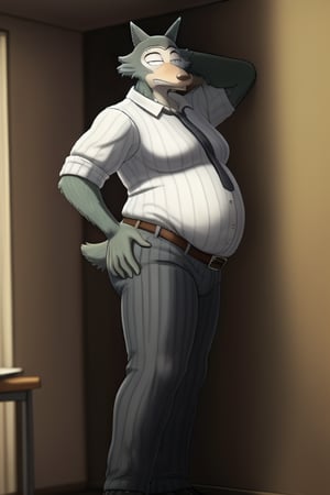 male, anthro_wolf, solo, legoshi_(beastars), morbidly obese, fat, gained weight, four hundred pounds, fat pectorals, round belly, belly overhang, growing belly,tight clothing, belly peeking out, pants, tight pants, belt, fat love handles, moobs straining shirt, dorm room, blue elastic shirt, clearly defined eyes, high quality, embarrassed expression, fat thick arms, buttons straining, no tie.