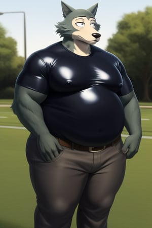 male, anthro_wolf, solo, legoshi_(beastars), obese, three hundred lbs, chunky, fat, gained weight, fat pectorals, thick legs, round belly, belly overhang, growing belly, belly bulging out, pants, tight pants, belt, fat love handles, moobs, shiny latex shirt, tight shirt, black shirt, rubber shirt, horizontal creases between pectorals, shirt tucked into pants, outside, college campus, khakis, clearly defined eyes, high quality, fat thick arms, horizontal crease lines between pectorals, plump ass, Standing, hands on sides, high quality, realistic proportions, double chin, fat face, fat cheeks, nipples, fat
rolls.