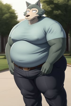 male, anthro_wolf, solo, legoshi_(beastars), morbidly obese, four hundred lbs, outgrown clothes, chunky, fat, gained weight, fat pectorals, thick legs, round belly, belly overhang, growing belly,tight clothing, belly bulging out, pants, tight pants, belt, fat love handles, moobs straining shirt, outside, college campus, tight shirt, blue shirt, elastic shirt, shirt tucked under pants,khakis, clearly defined eyes, high quality, fat thick arms, horizontal crease lines between pectorals, plump ass, Standing, Arms at sides, high quality, small black pupils no eyelids, staring at camera.